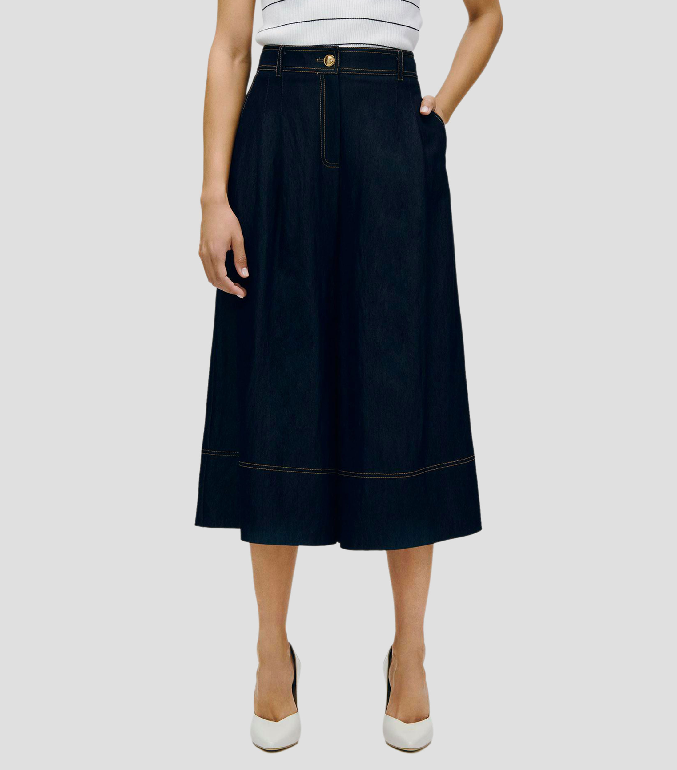 Pantalón culotte sarga ligera tipo denim tiro alto con pinzas Mujer